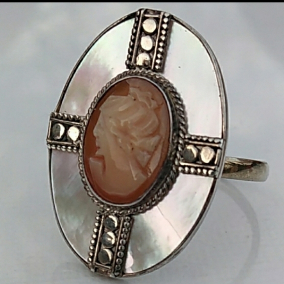 Sterl.Silver HandCarved Shell Cameo MOP Ring VTG - Picture 7 of 8